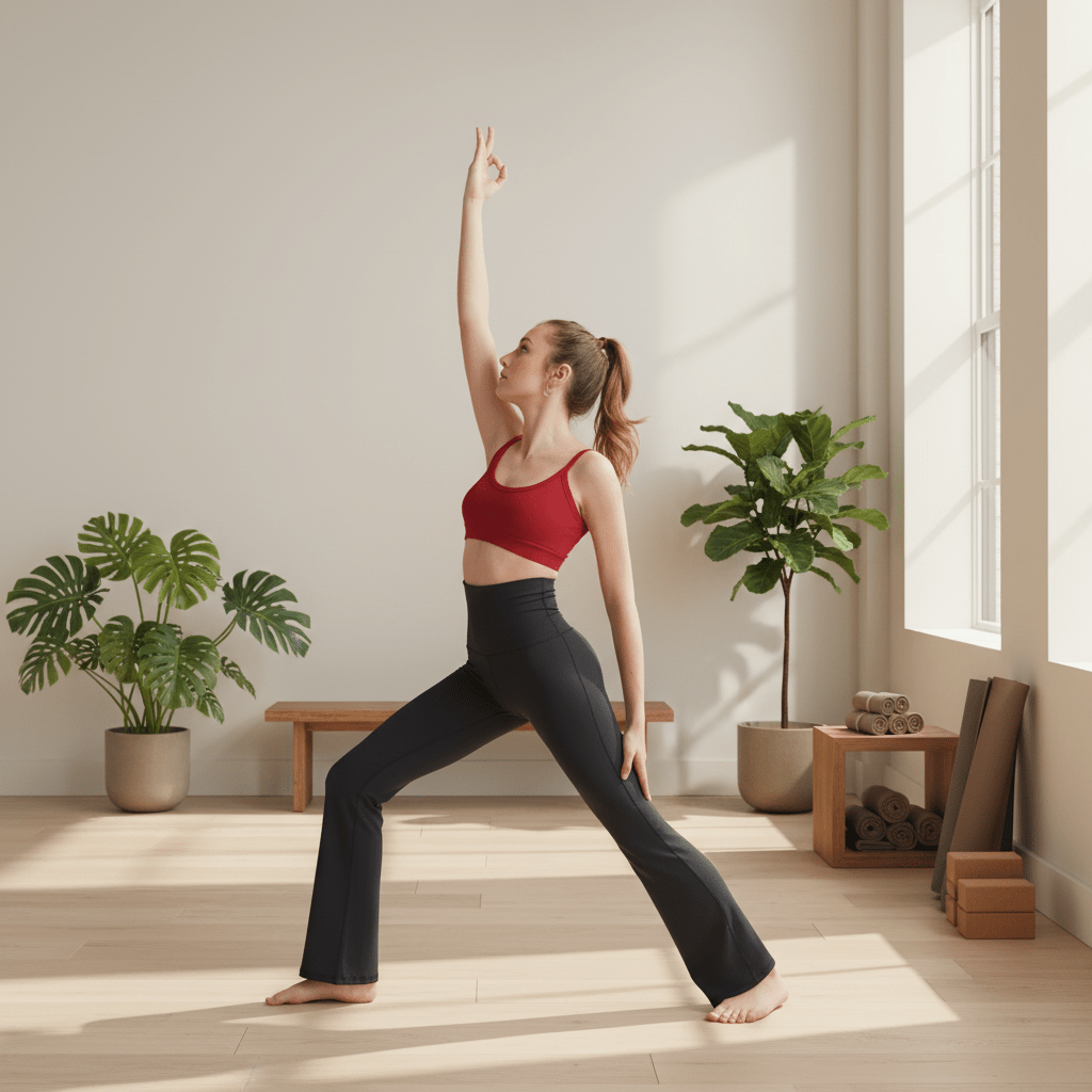 Woman practicing yoga in a bright, sunlit room with plants