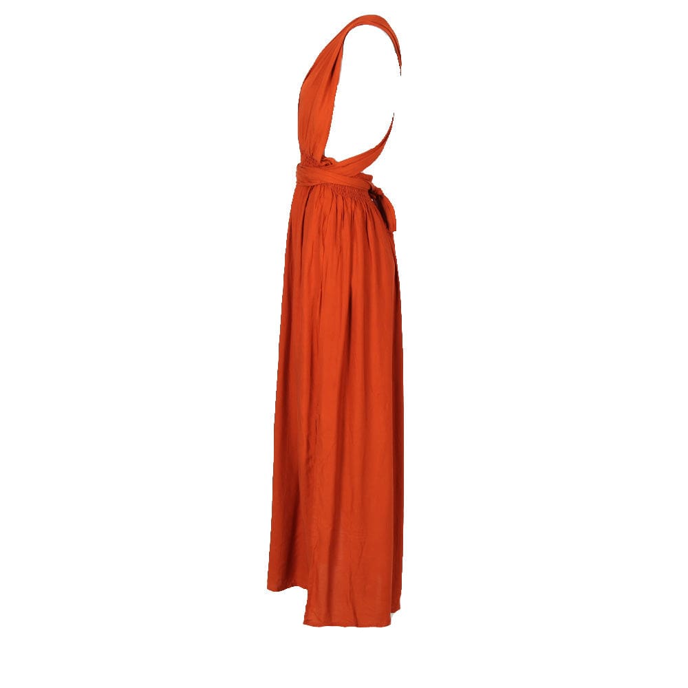 Orange dress with a halter neck design on a white background