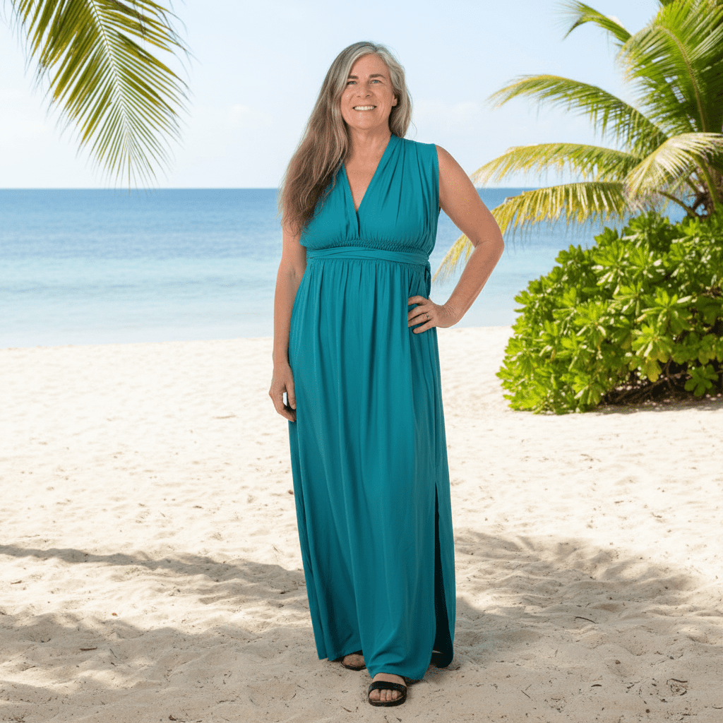 Woman in a teal dress standing on a sandy beach with palm trees in the background