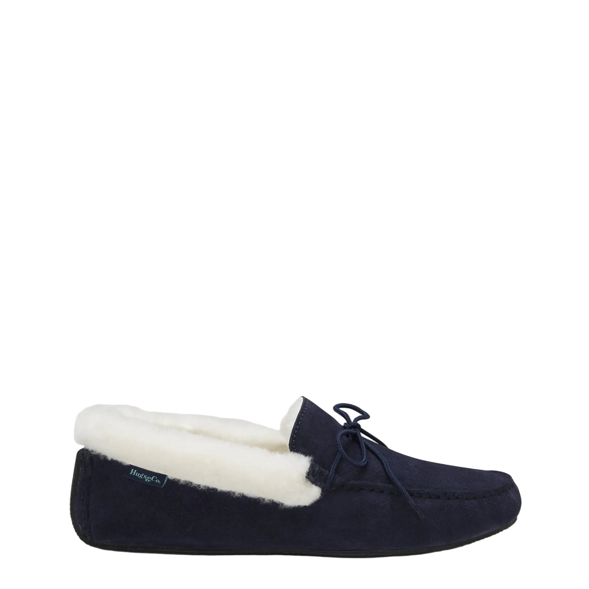 Navy slipper with white lining on a light gray background