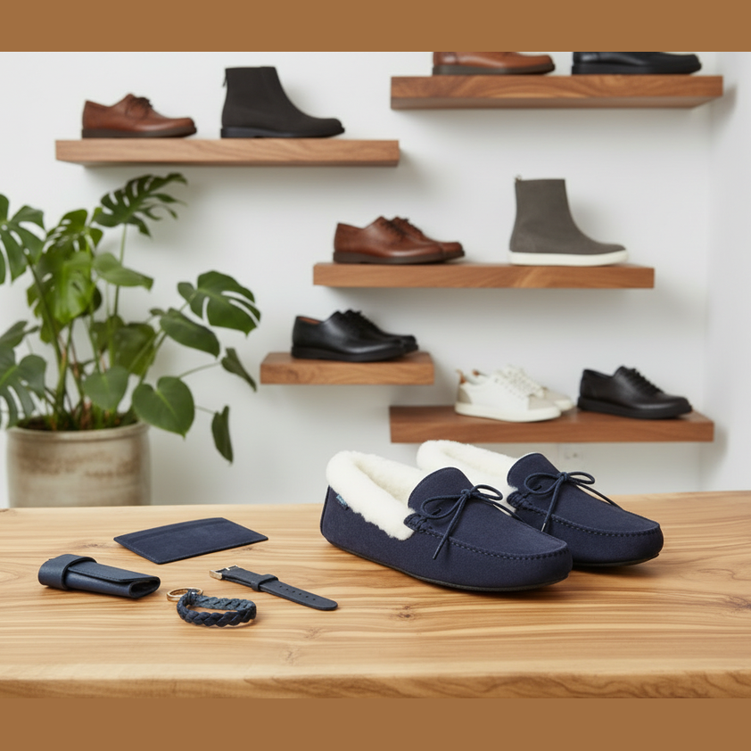Navy loafers with white fur lining on a wooden table, with shelves displaying more shoes in the background.