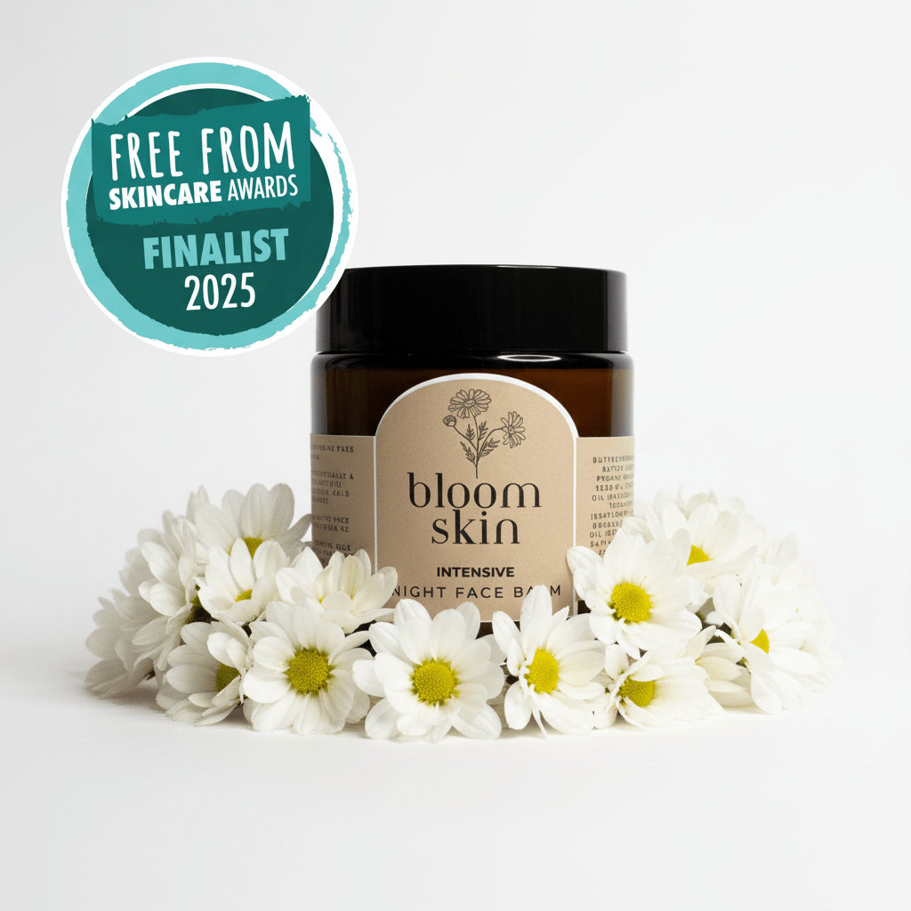 Bloom Skin skincare product with daisies and a 'Free From Skincare Awards Finalist 2025' badge on a white background