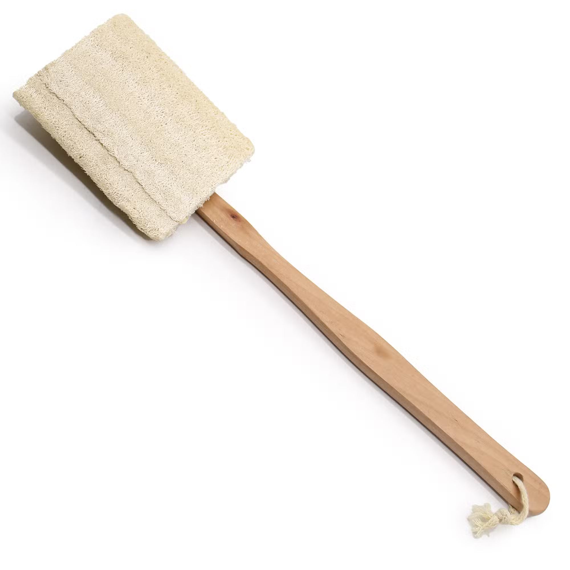 Long-handled scrubber with a textured beige loofah pad on a white background