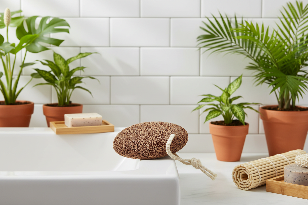 Bath products including a loofah, soap, and towels on a white surface with potted plants in the background.