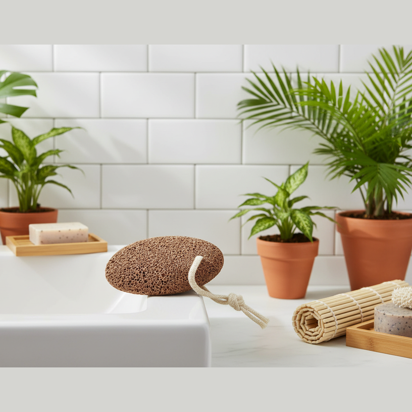 Bath products including a loofah, soap, and towels on a white surface with potted plants in the background.