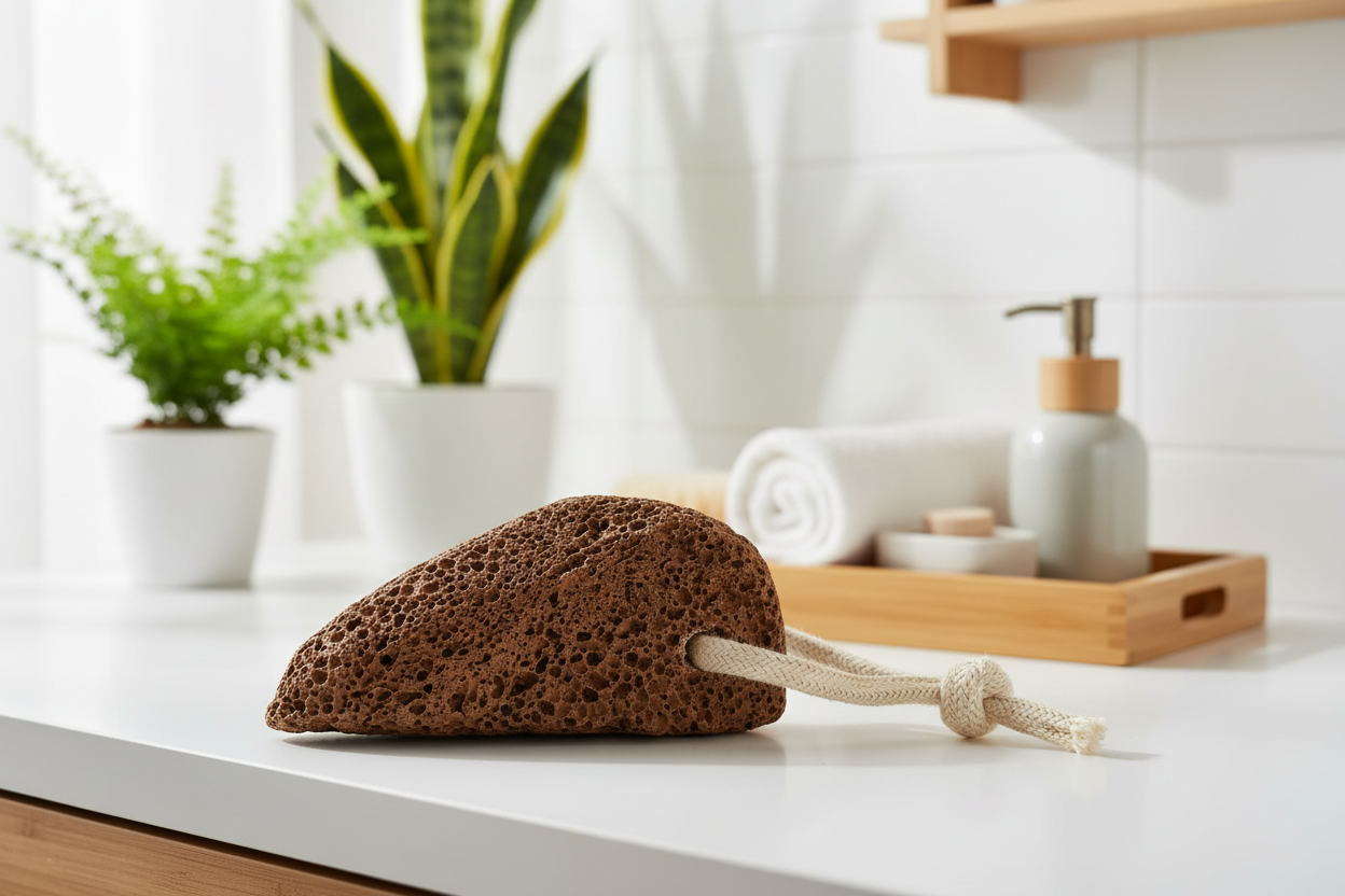 Brown pumice stone on a white surface with plants and bathroom items in the background