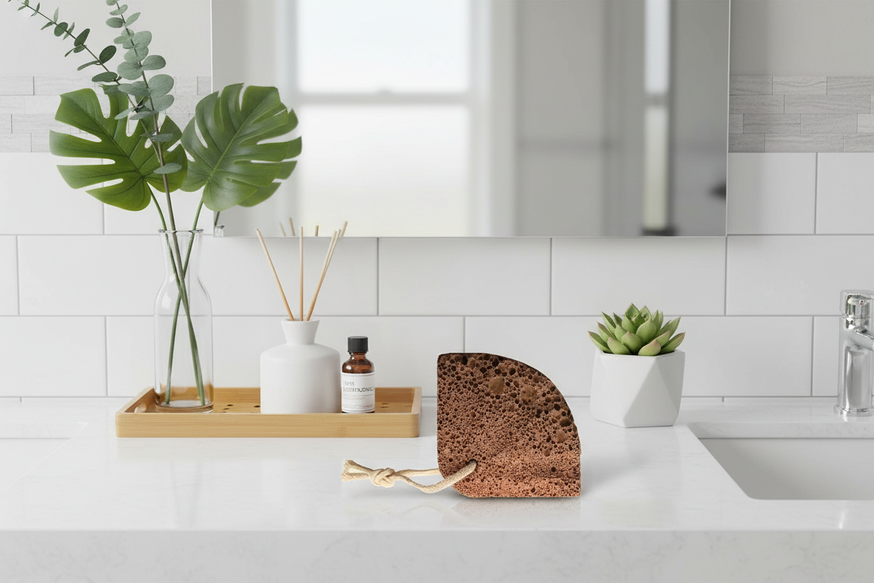 Bathroom counter with decorative items including a plant, a volcanic foot stone, and a small plant.