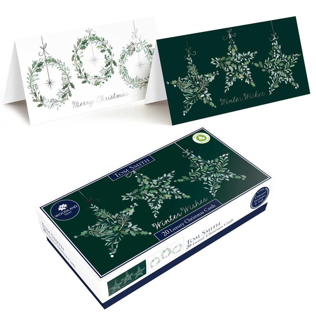 Tom Smith box of 20 Christmas cards with white foliage wreath and dark green foliage star designs