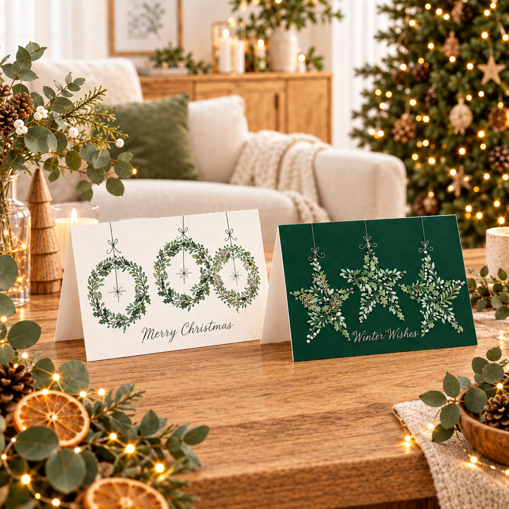 Two Christmas greeting cards are displayed on a wooden table in a decorated living room. One white card shows three hanging green wreaths with the text 'Merry Christmas,' and one dark green card shows three hanging green foliage stars with the text 'Winter Wishes'.