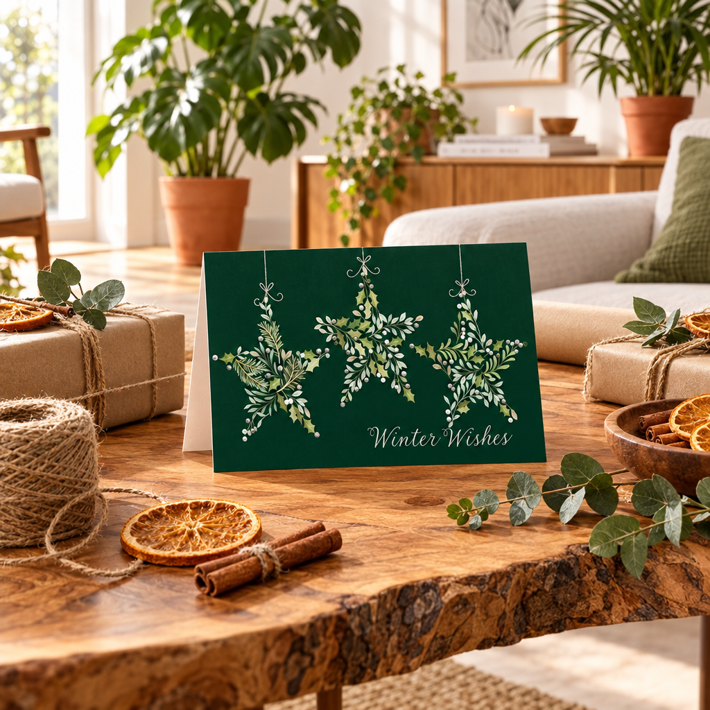 A dark green greeting card with three hanging star ornaments made of white and green foliage, and the words 'Winter Wishes' printed at the bottom, displayed on a rustic wooden table in a cozy living room setting.