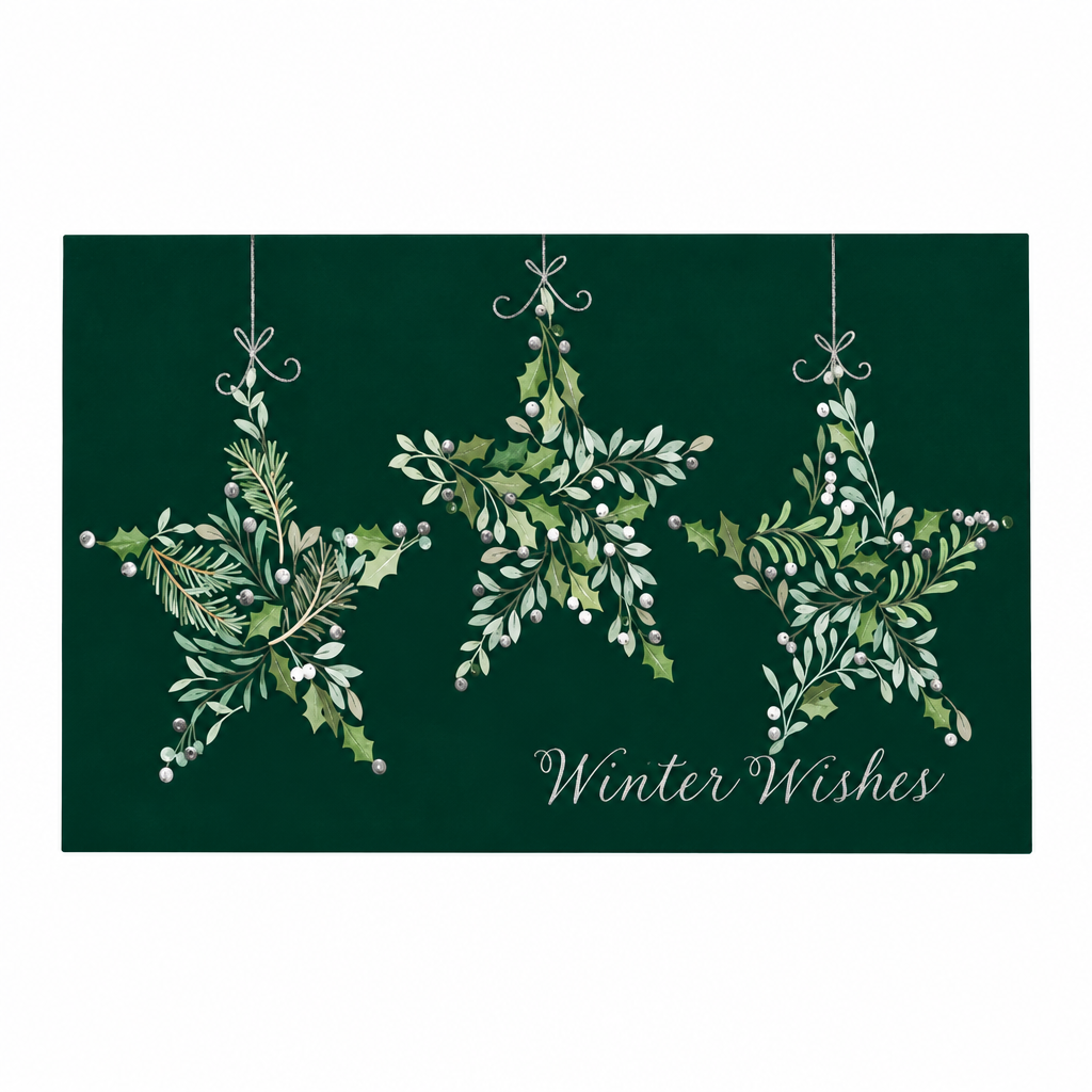 Dark green Christmas card with three hanging foliage stars and ‘Winter Wishes’ lettering on a white background