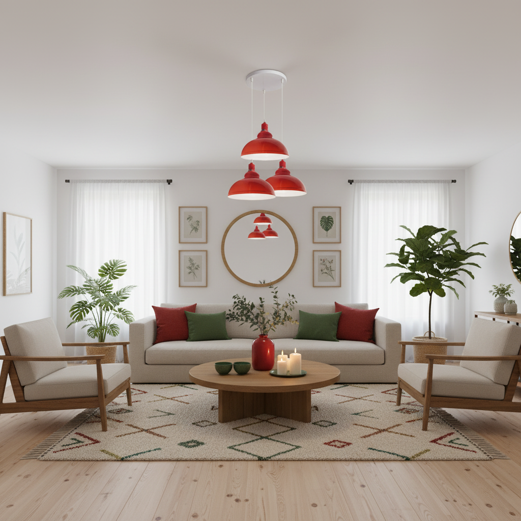 Three red pendant lights hanging in a modern living room with a cream sofa, plants, and a coffee table.
