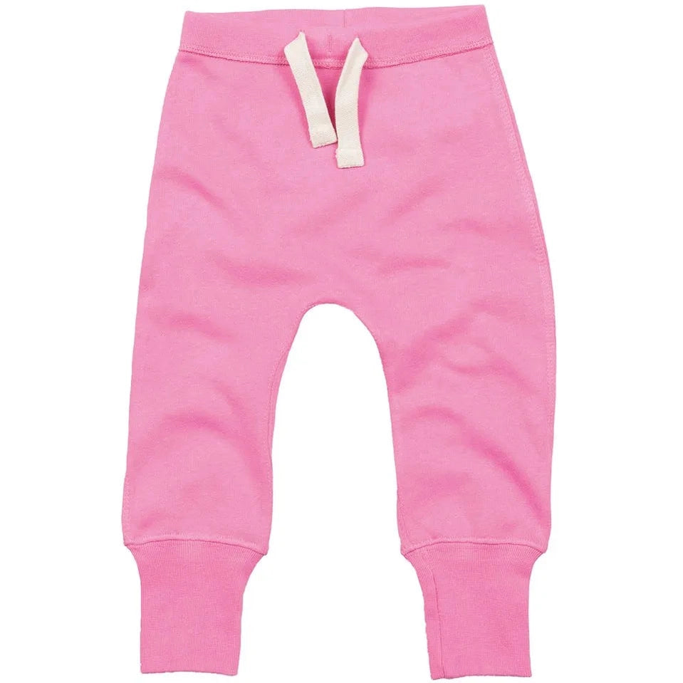 Pink baby pants with a white drawstring on a white background