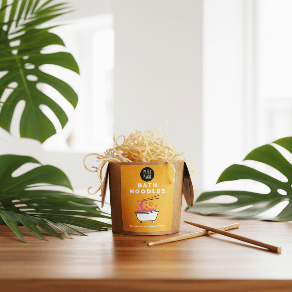 Packaged bath noodles with a label on a wooden surface with green leaves in the background