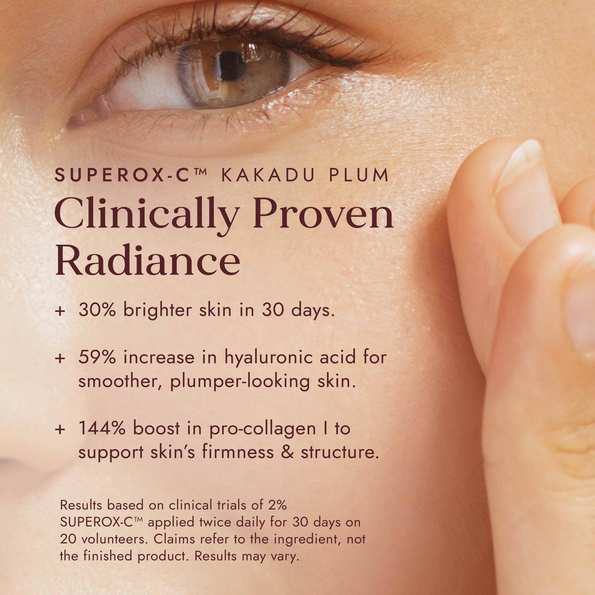 Advertisement for SUPEROX-C Kakadu Plum skincare product with text about clinical proven radiance benefits.