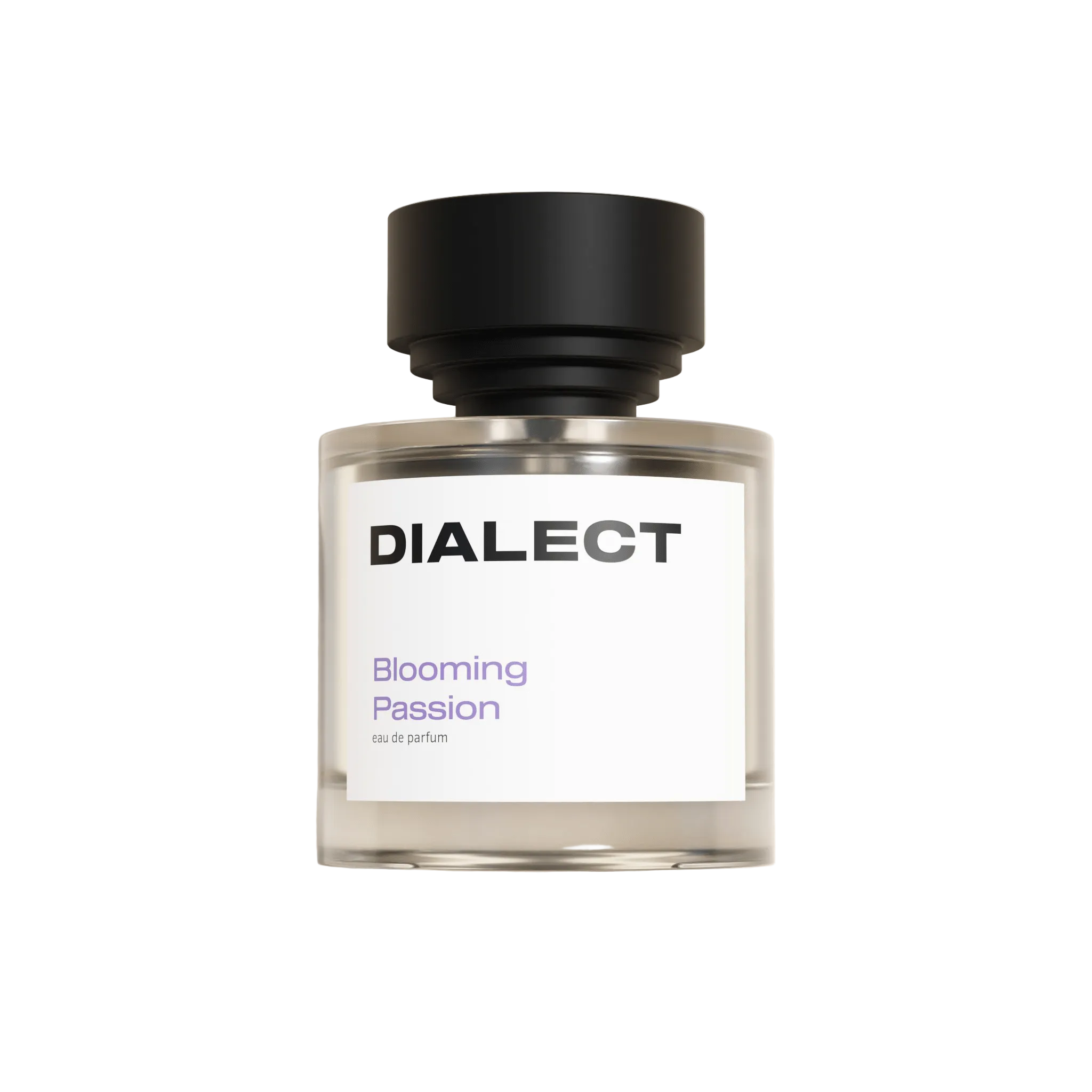 Perfume bottle labeled 'DIALECT Blooming Passion' on a light background