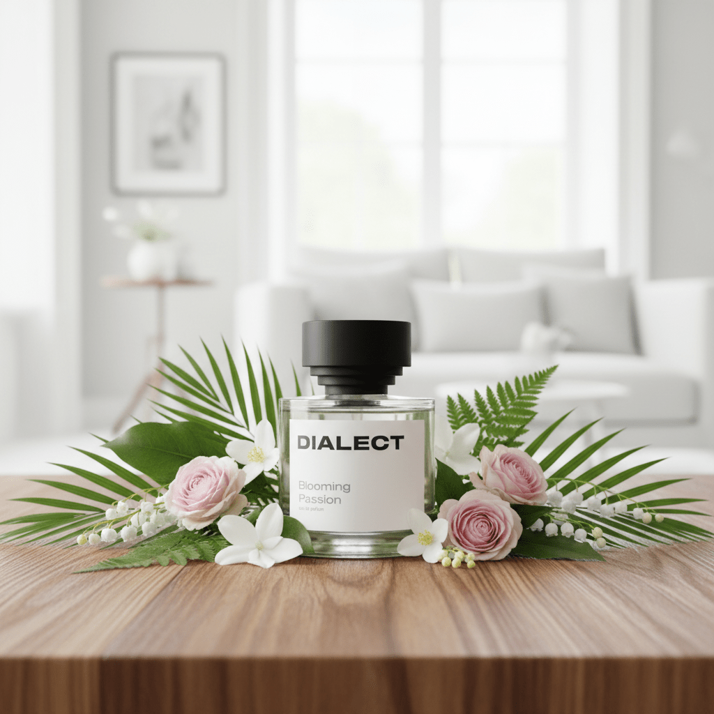Perfume bottle labeled 'Dialect' on a table with decorative flowers and leaves in a blurred room setting