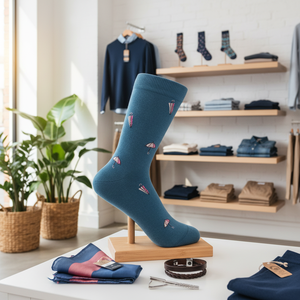 Blue Organic Cotton Socks Women with Umbrella Pattern