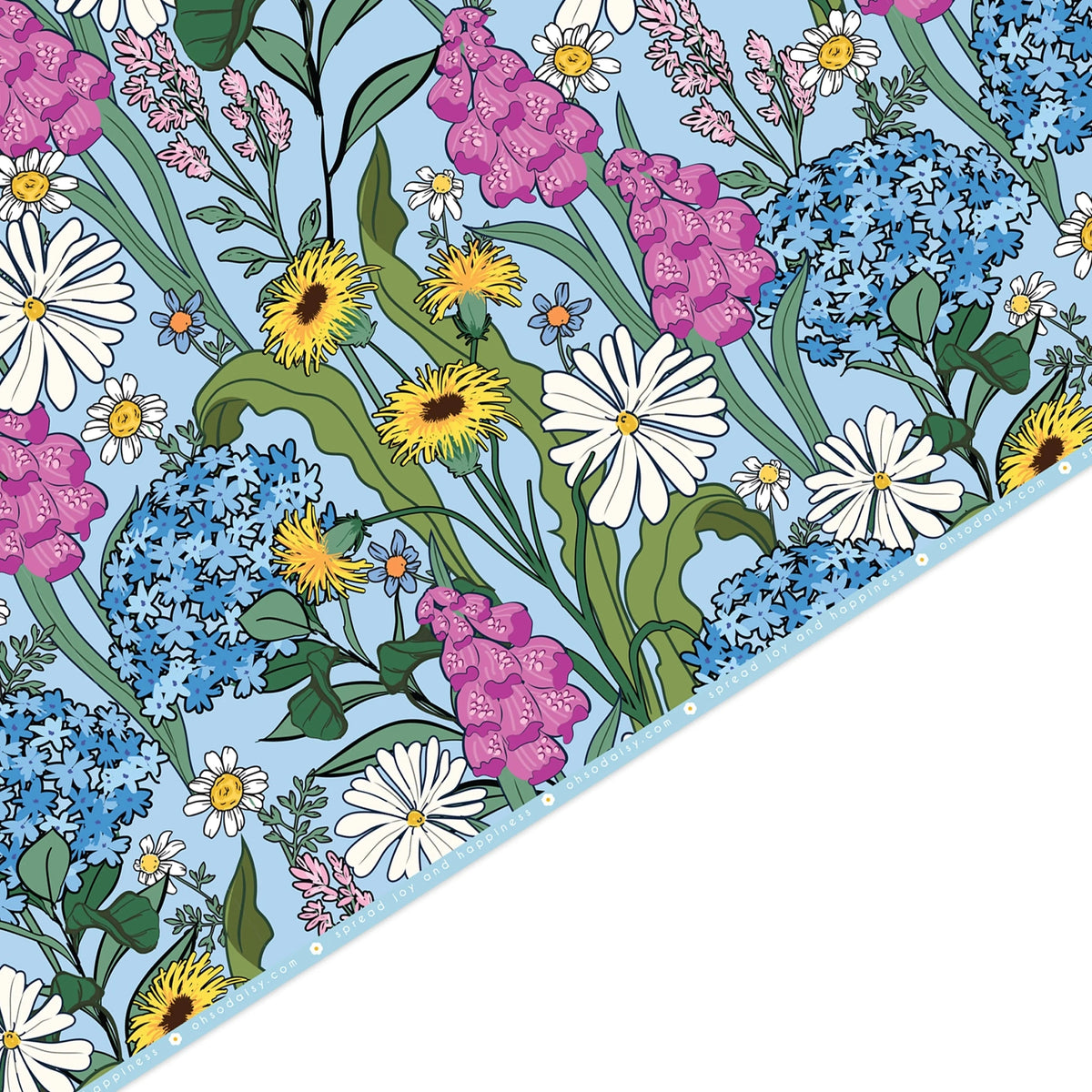 Colourful floral patterned gift wrap with a blue background