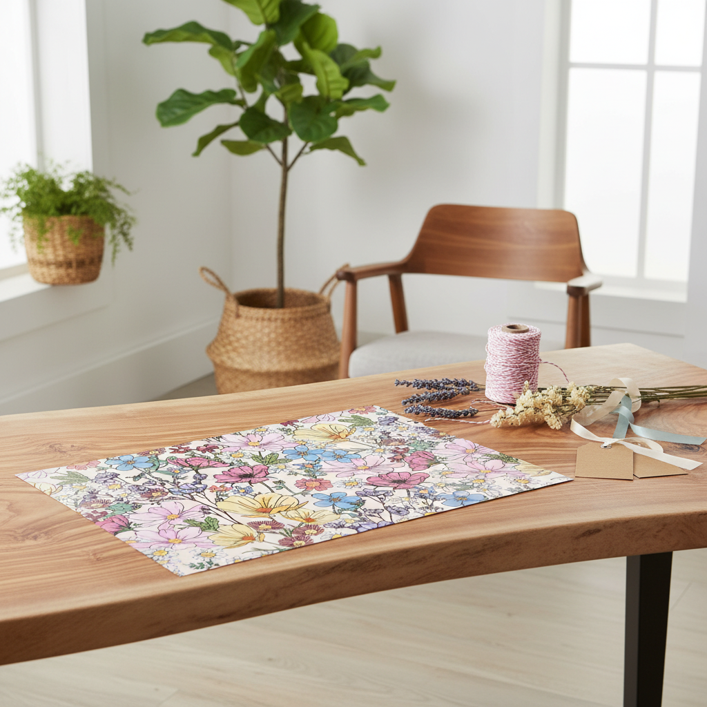 A rectangular piece of wrapping paper with a pastel multicolor floral pattern is styled on a light wood table in a bright, modern room. The setting includes a wooden chair, a potted fiddle-leaf fig, a small potted plant, pink thread, dried lavender, and small gift boxes.