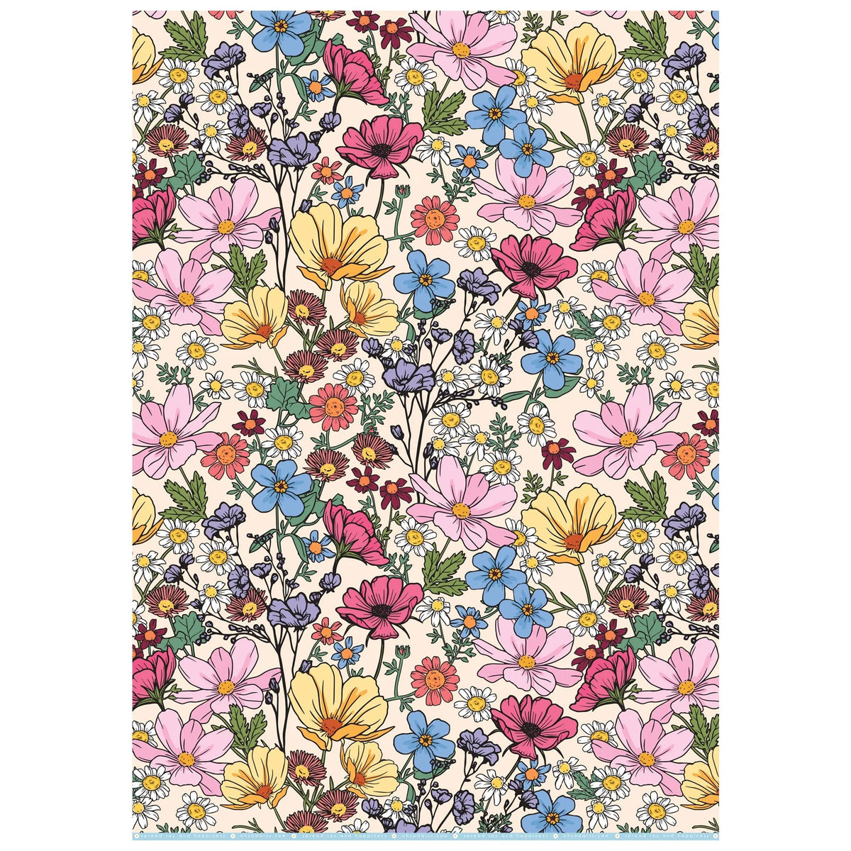Colourful floral patterned wrapping paper on a white background