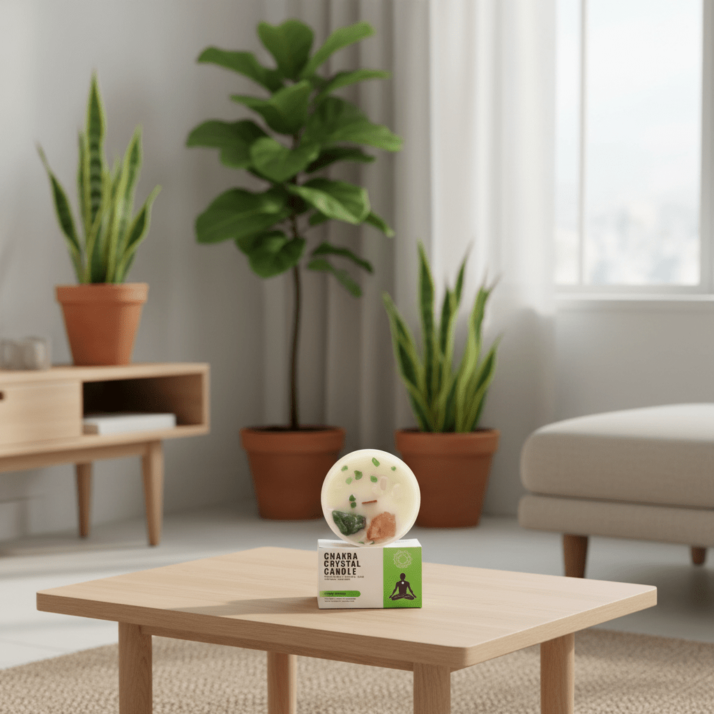 White container candle containing gemstones, on an olive wood table, with a raw edge, in a modern white living space, with eco-friendly decor. wooden furniture, and exotic green plants.
