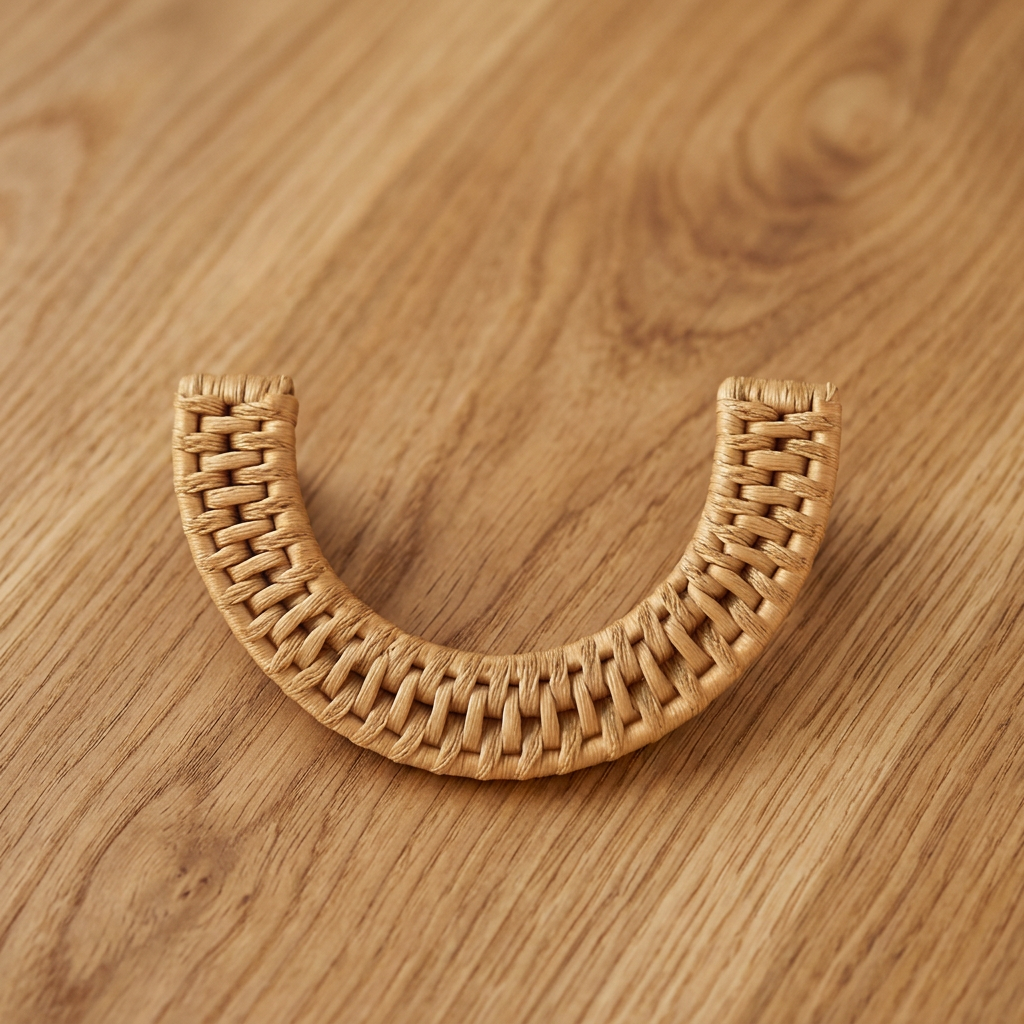 Dunstanburgh half moon rattan handle displayed against a wood-grain surface