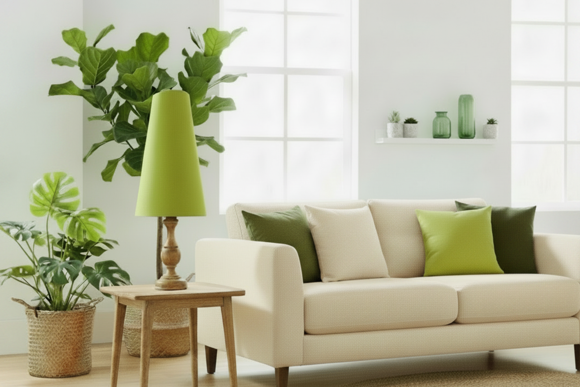 A modern living room scene featuring a cream-colored sofa styled with green and olive accent pillows, a matching green table lamp on a small wooden side table, and potted plants in woven baskets.
