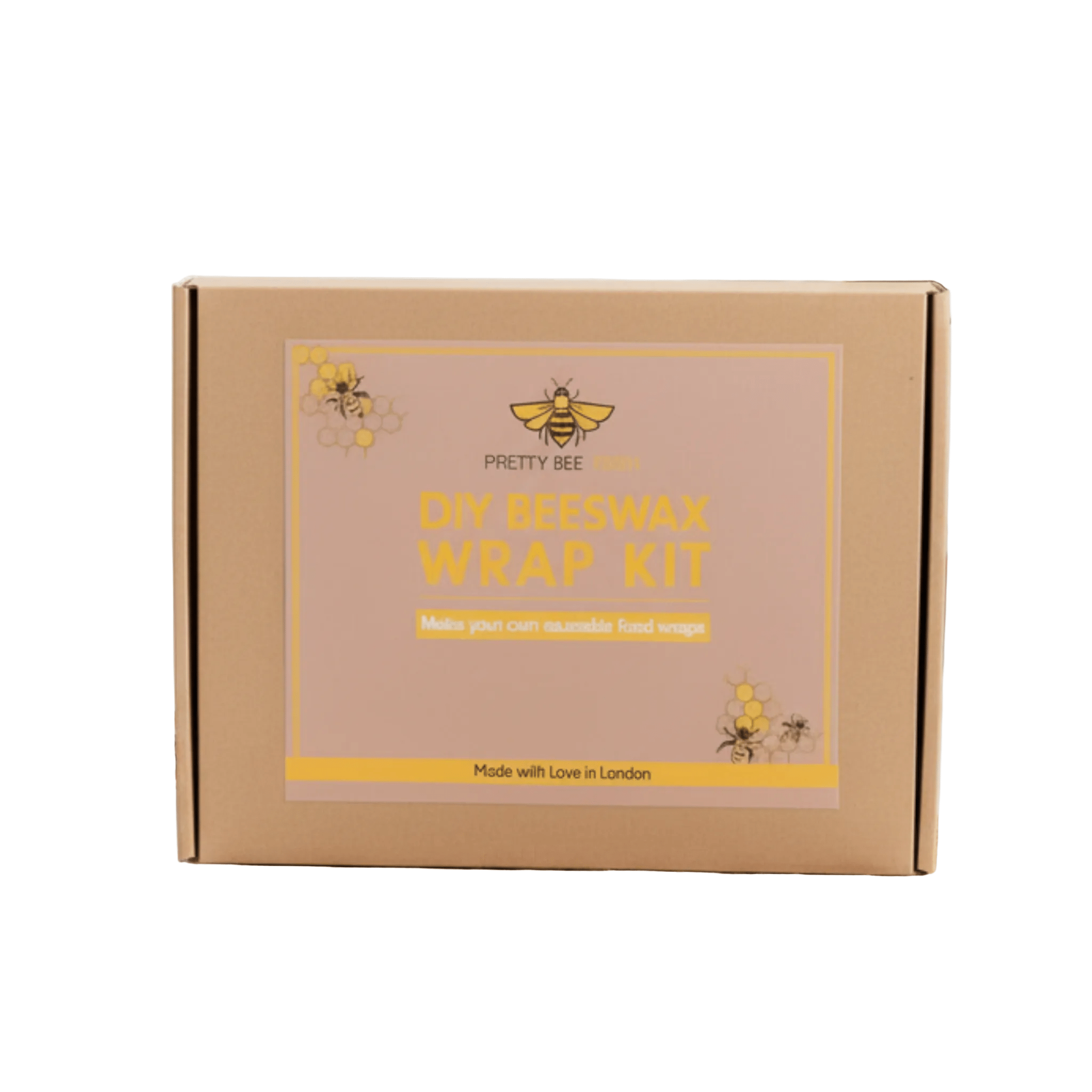 Cardboard box with 'Pretty Bee' DIY beeswax wrap kit on a white background