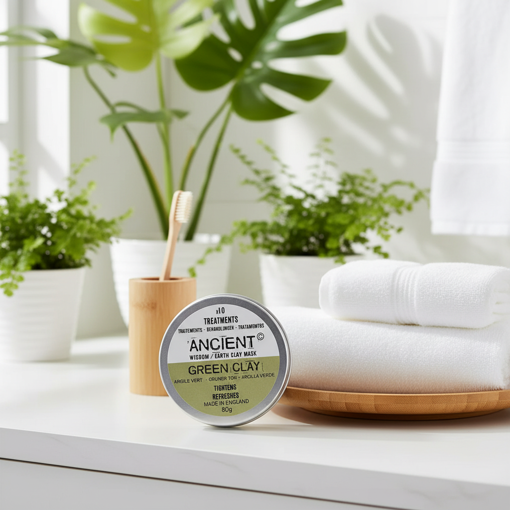 Ancient Green Clay product on a bathroom counter with plants and towels in the background