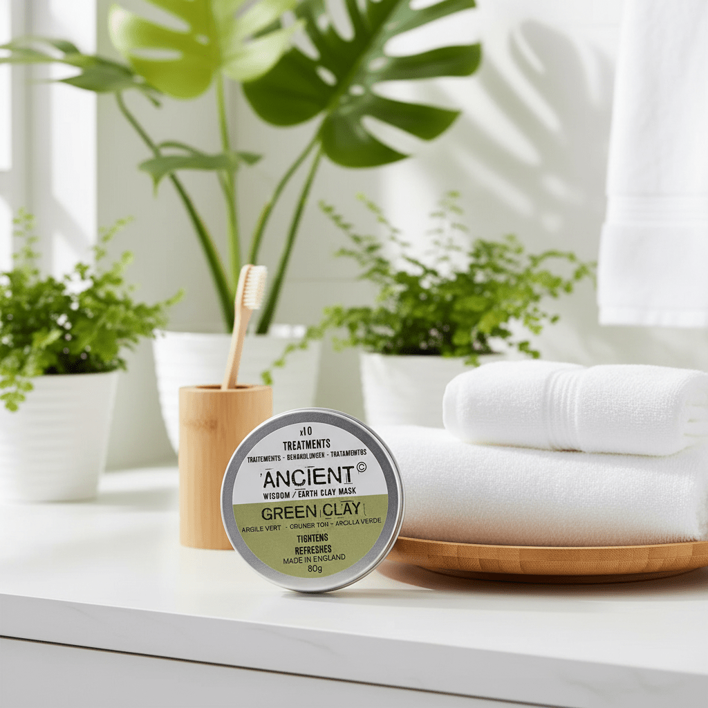 Ancient Green Clay product on a bathroom counter with plants and towels in the background