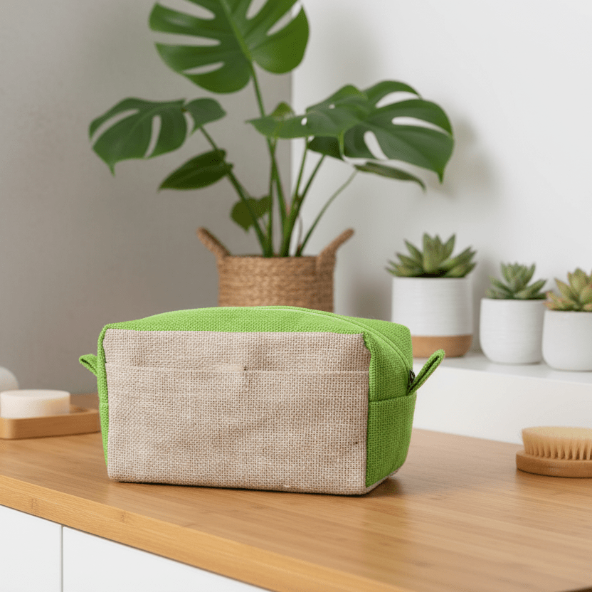 Green and beige toiletry bag on a wooden surface with towels and plants in the background