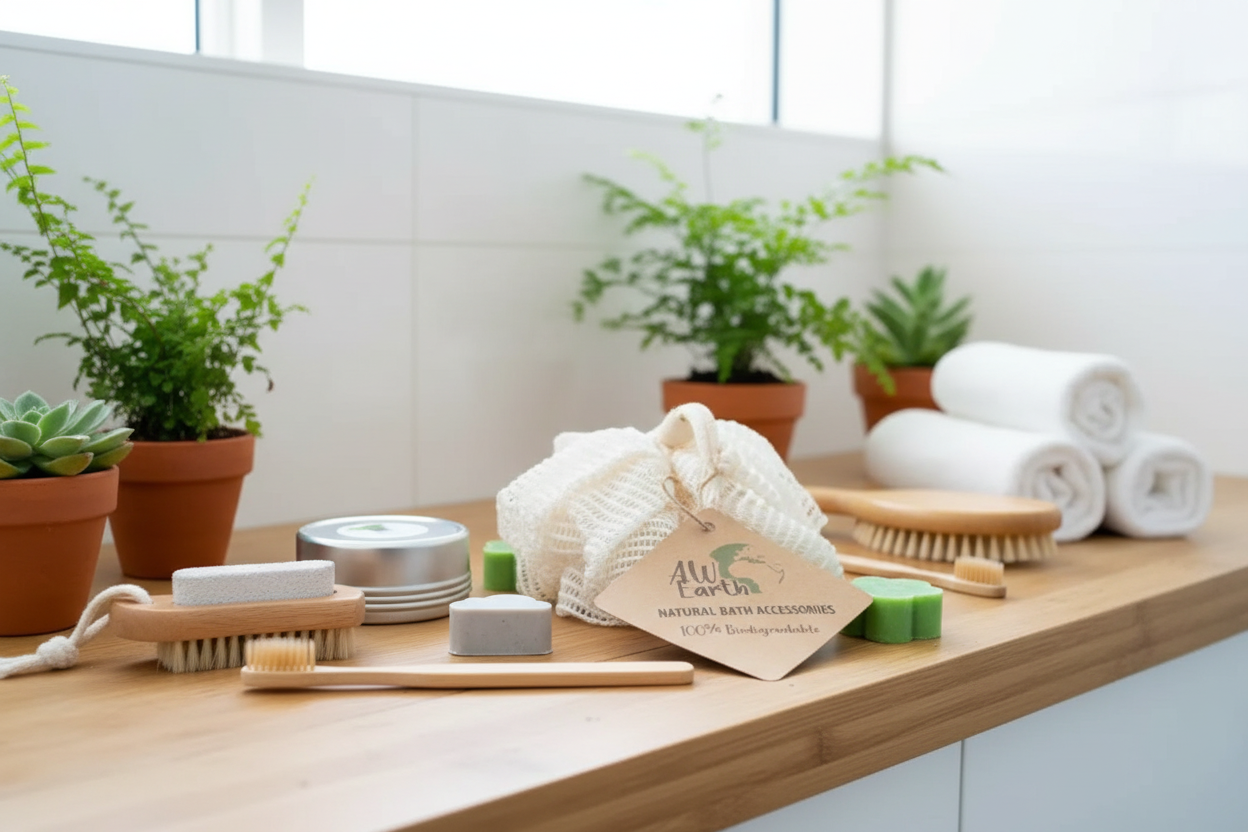 Bathroom counter with natural bath accessories, plants, and towels.