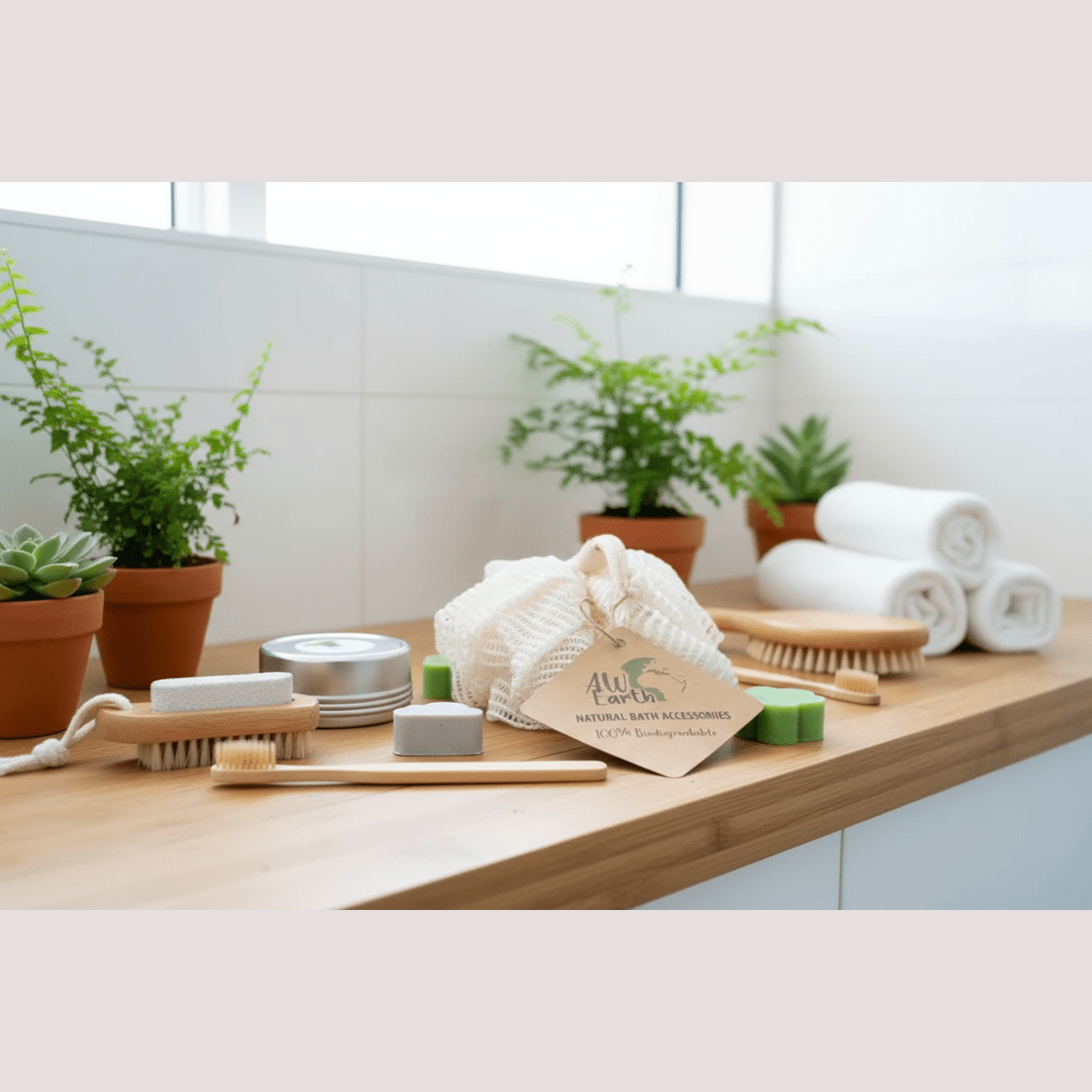 Bathroom counter with natural bath accessories, plants, and towels.