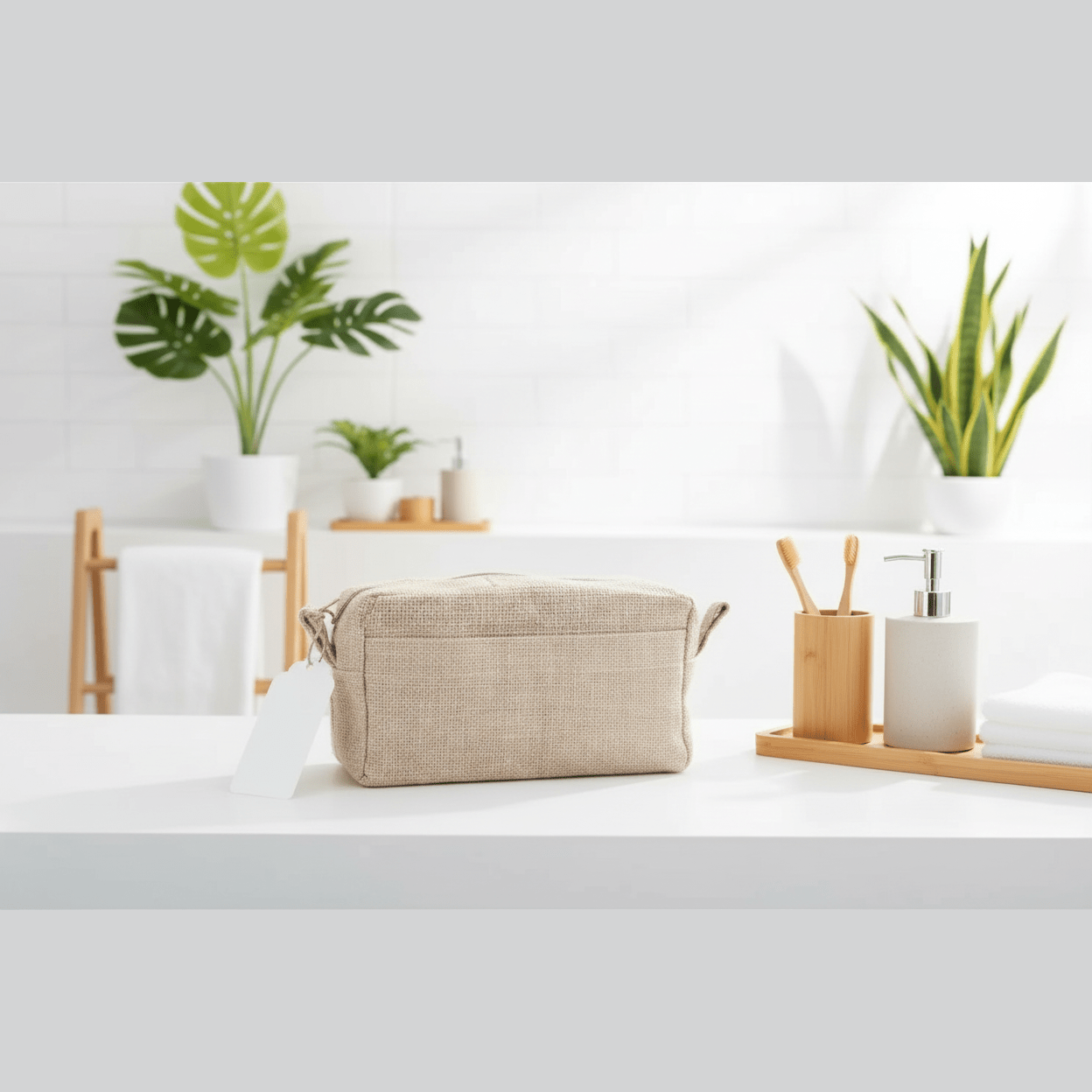 Beige toiletry bag on a bathroom counter with plants and bathroom items in the background