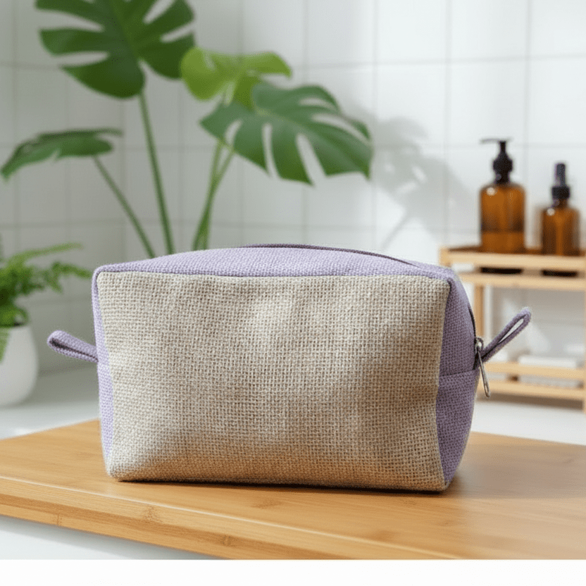Beige toiletry bag with purple accents on a wooden surface in a bathroom setting.