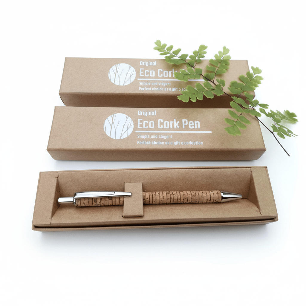 Eco Cork Pen with packaging on a white background
