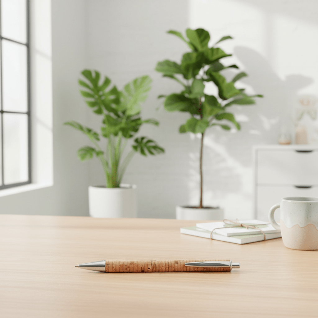 Cork pen on a desk with plants and a window in the background