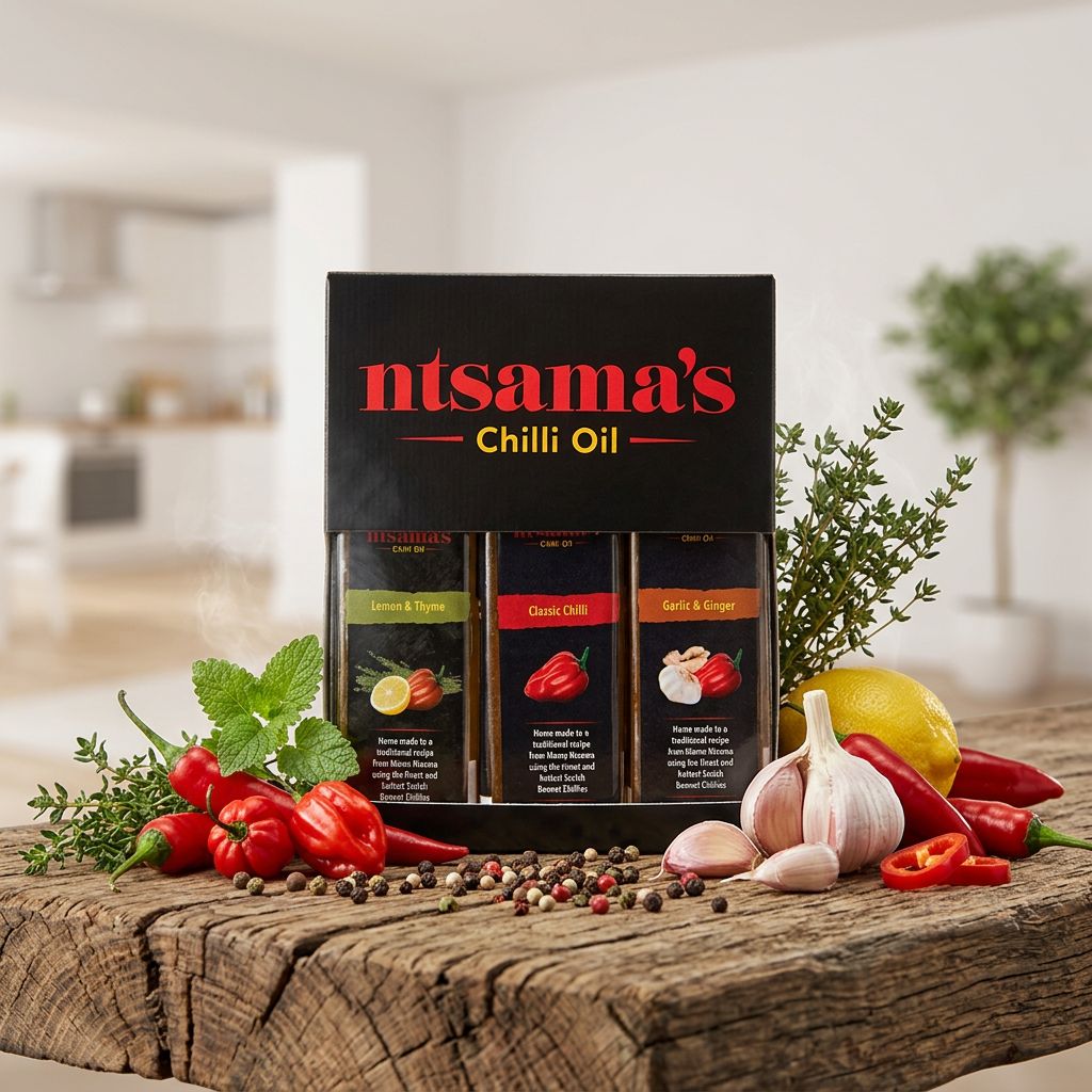 A boxed set of Ntsama's Chilli Oil displayed on a rustic wooden surface with fresh chili peppers, garlic, herbs, peppercorns, and a lemon. The black box prominently shows the brand name 'ntsama's' and 'Chilli Oil' in red and yellow text.