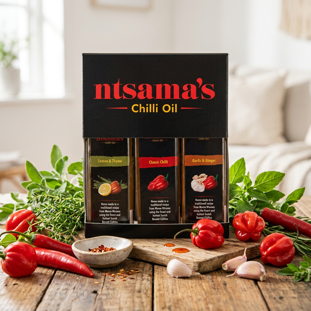 Ntsama’s three-bottle chilli oil gift box on a wooden board with chillies, garlic and herbs