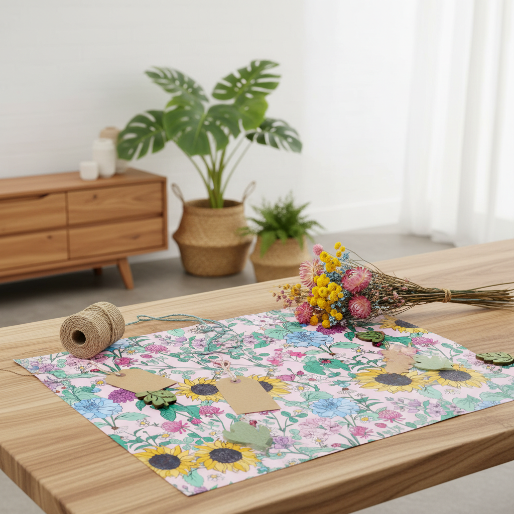 A floral gift wrap sheet laid out on a wooden table, styled with twine, a small bouquet of flowers, and kraft paper tags. The background shows a cosy room with potted plants and a wooden cabinet.