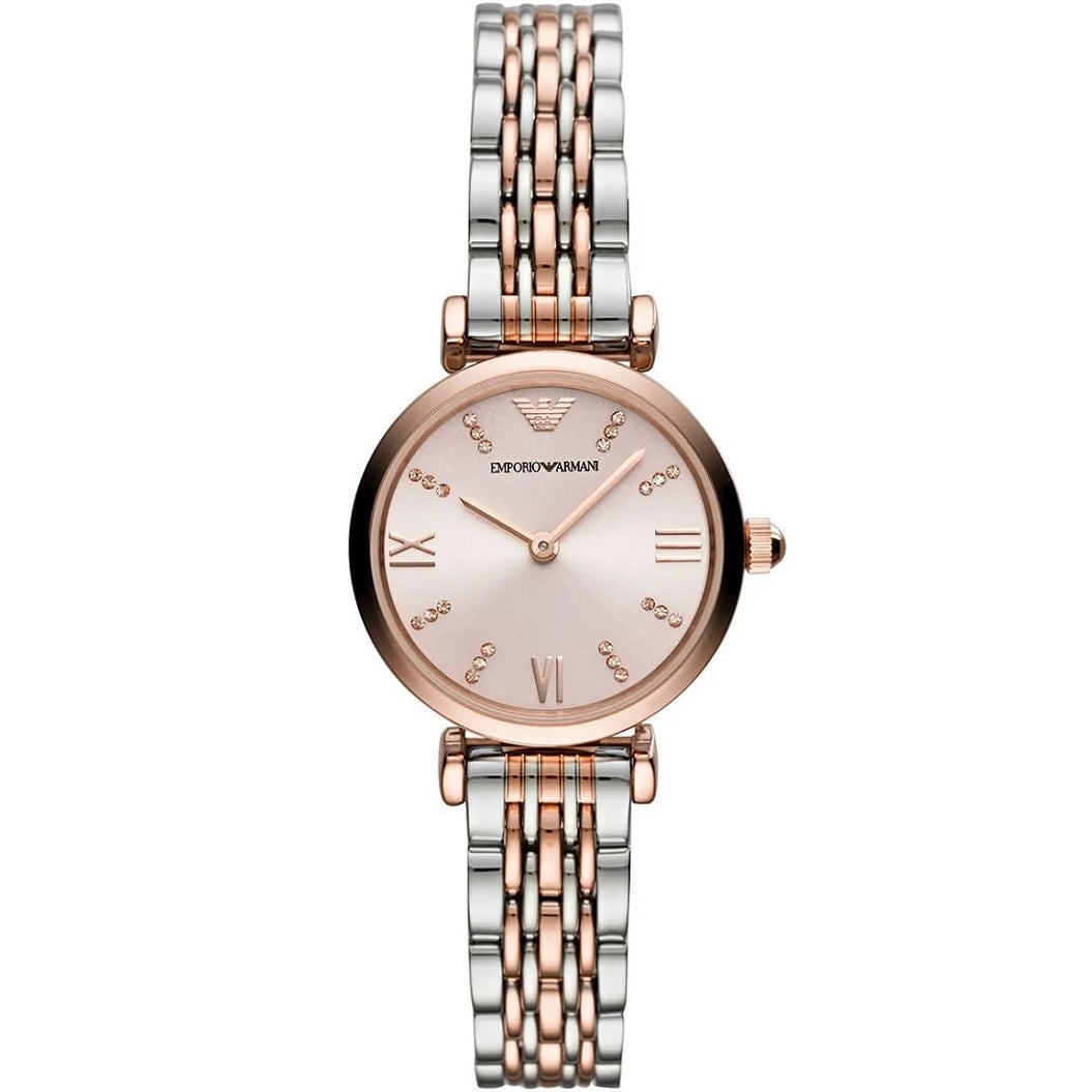 Two-tone watch with rose gold and silver band on a white background