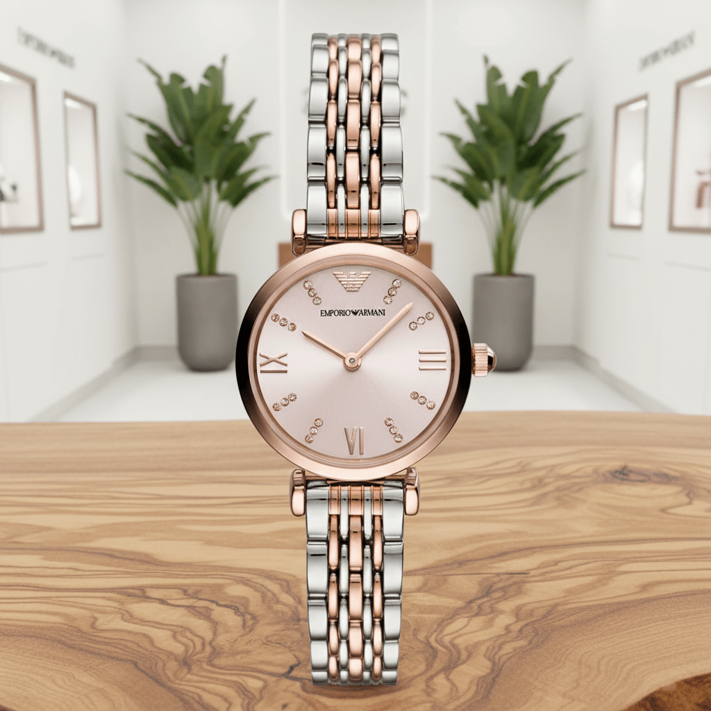 Rose gold and silver watch on a wooden surface with plants in the background
