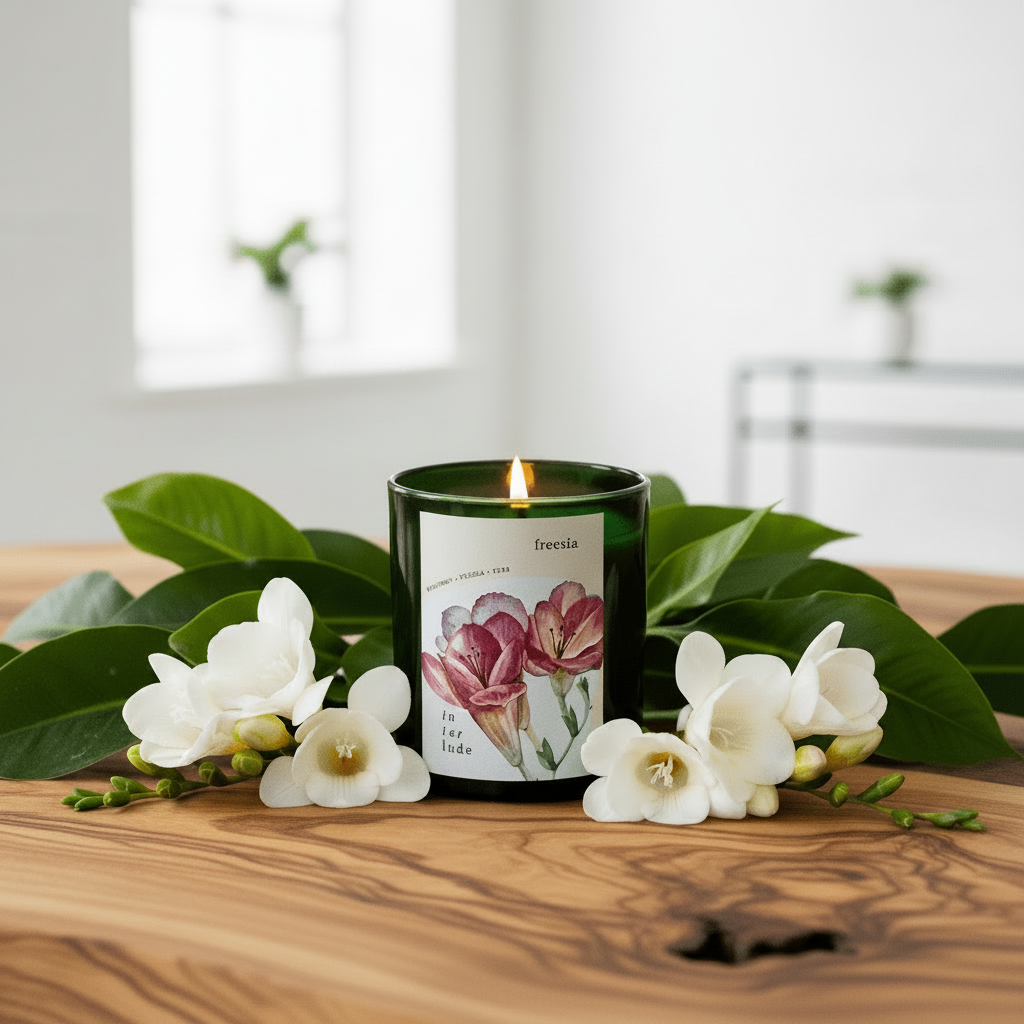 Freesia scented candle with a floral design on a table surrounded by flowers