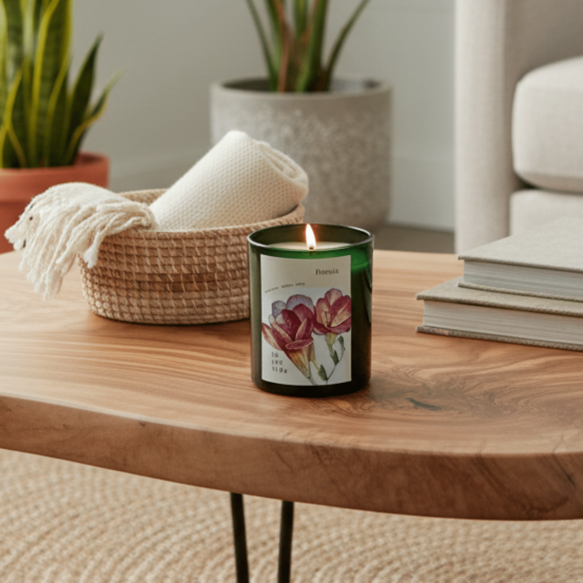 Candle with floral design on a wooden table in a cosy living room setting.
