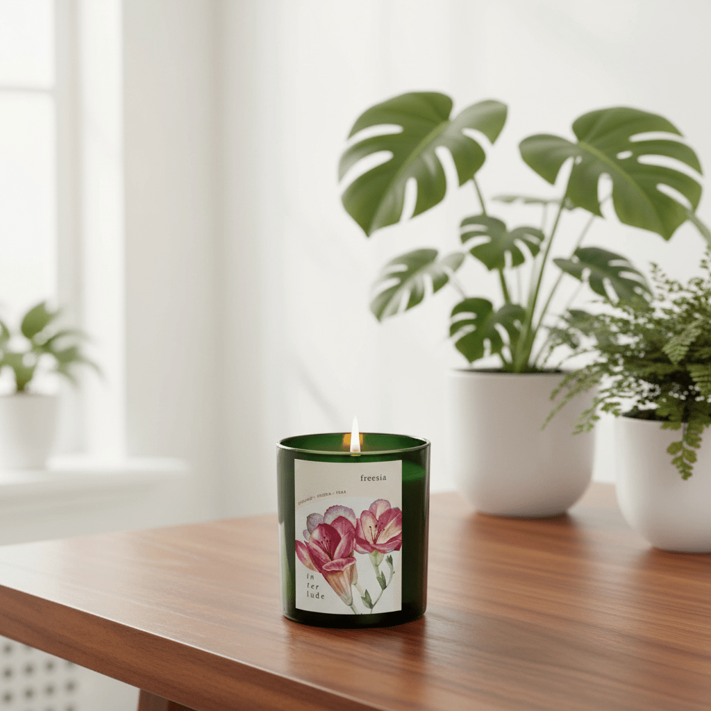 Freesia scented candle with floral design on a table with plants in the background