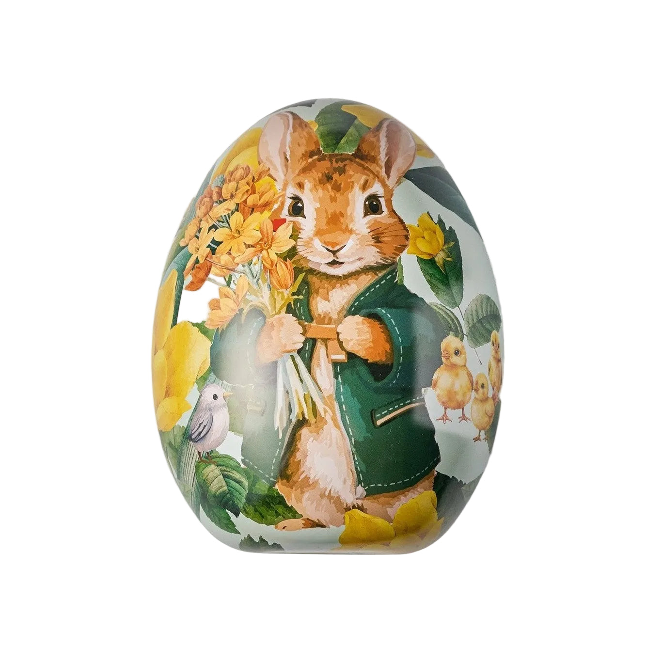 Decorative egg with a rabbit illustration holding flowers on a white background