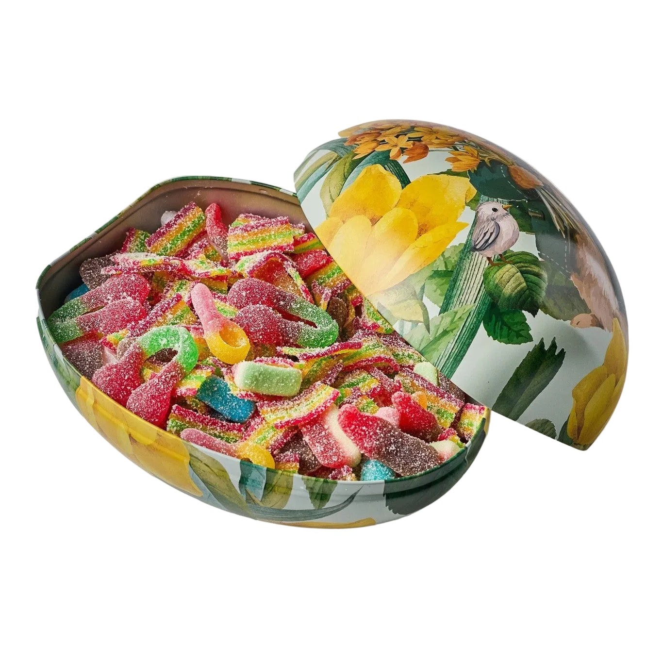 Decorative Easter egg tin filled with gummy candies on a white background