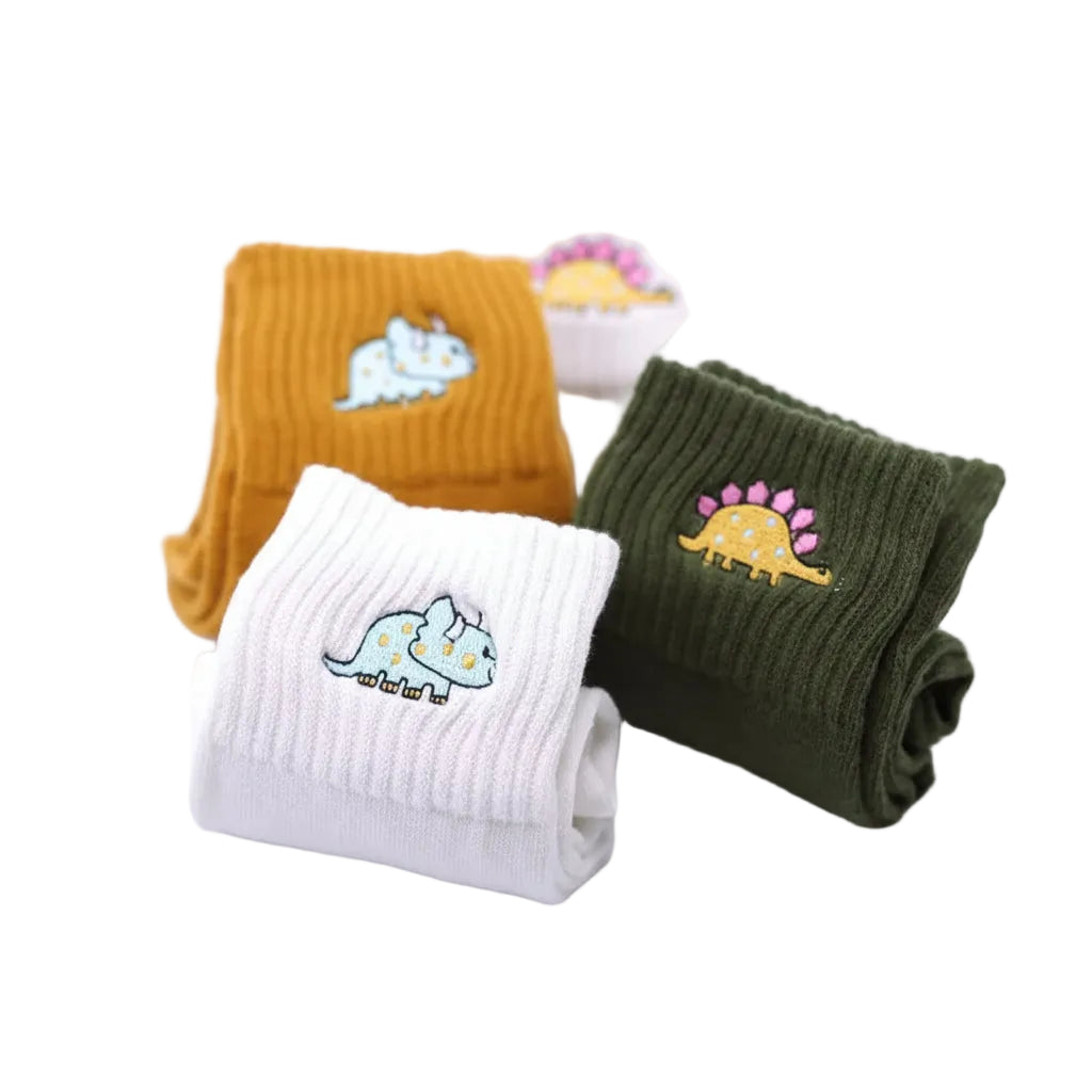 Embroidered dinosaur cotton tube socks, all colour variants displayed together - Emmy Jane Boutique