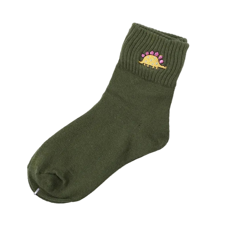 Green Stegosaurus embroidered dinosaur cotton tube socks folded on white background - Emmy Jane Boutique